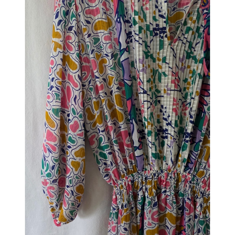 Vintage 80's Mosaic Floral Mixed Print Pleated Sheer Midi Dress Small Vivid Fun - Picture 2 of 14